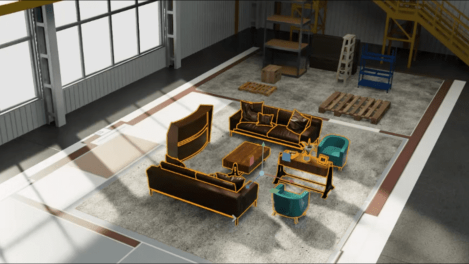 A loft living room scene in Omniverse with couches outlined in yellow.