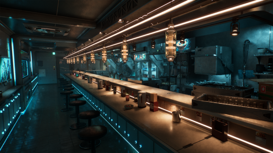 A rendering of a futuristic-looking diner.