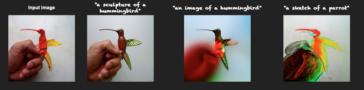 Four images showing the transformation of an origami hummingbird into a sculpture, then a realistic image, then into sketch of a parrot.