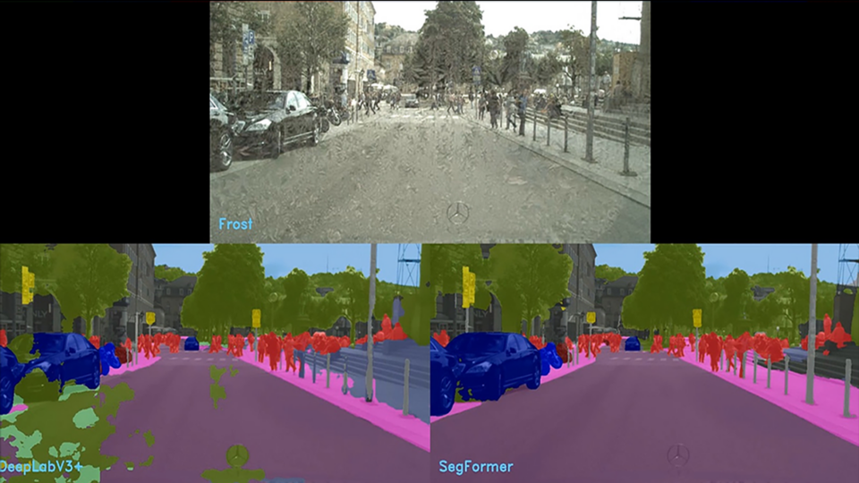 3 different versions of computer visions overlays of a road with pedestrians.
