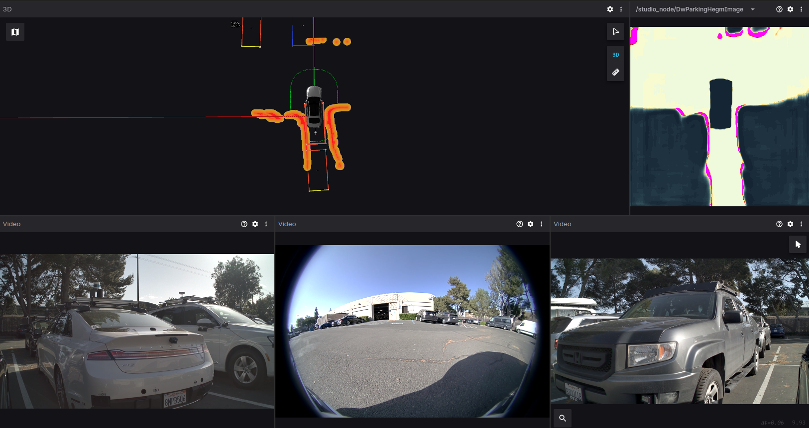 Image showing DNN output and camera views in an automatic parking process.