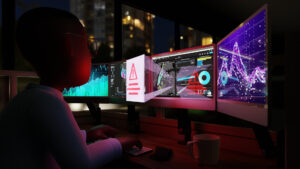 Illustration of a character sitting at a computer with a warning popup.