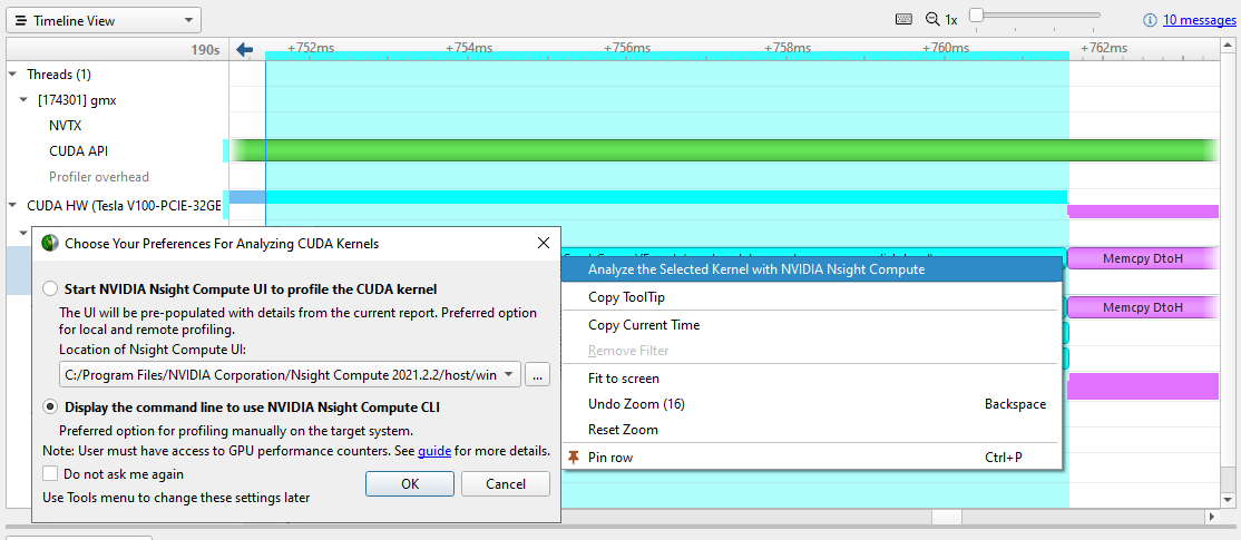Screenshot shows menu for right-clicking on a CUDA kernel to analyze it with Nsight Compute.