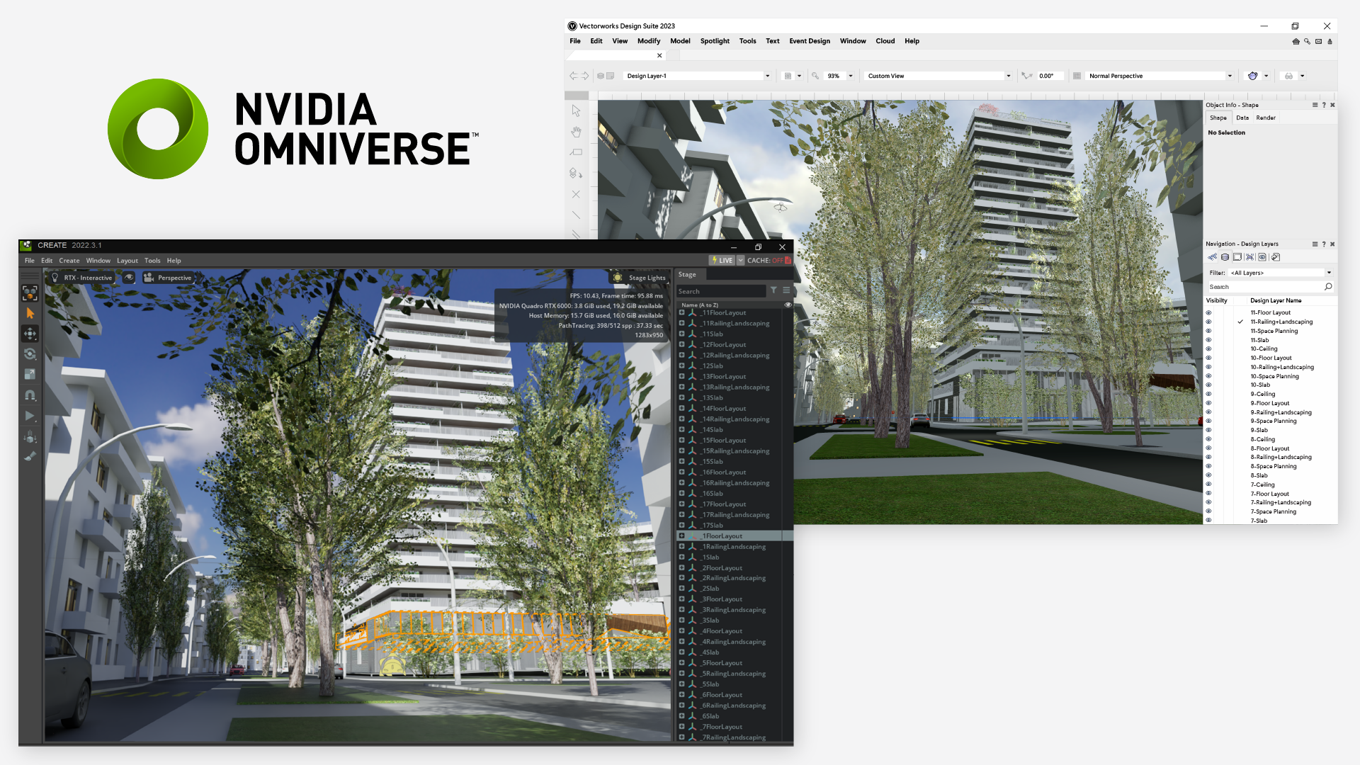 A scene in Vectorworks imported into NVIDIA Omniverse, which is now possible with Vectorworks Service Pack 4.