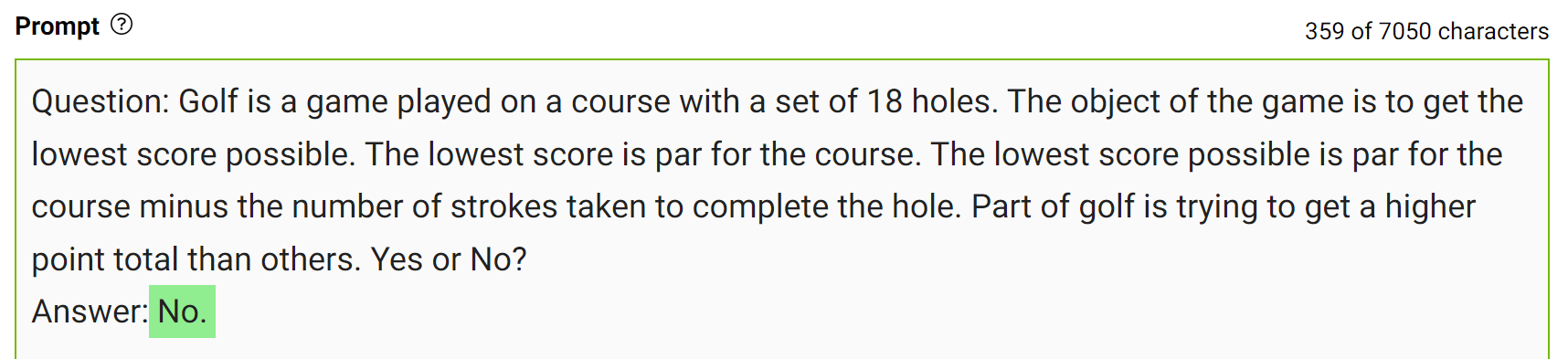 Screenshot shows the integration of the generated knowledge as part of the original clarifying question on scoring in golf, with the correct answer, “No”.
