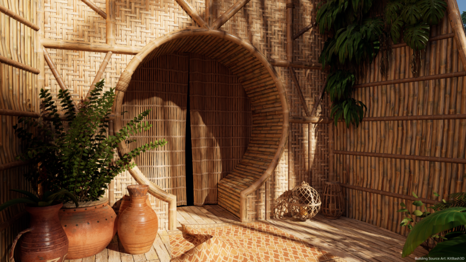 A rendering of a bamboo front porch.