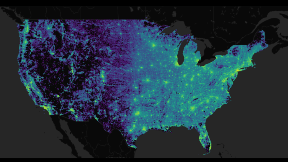 A US map showing different colors representing data visualization.