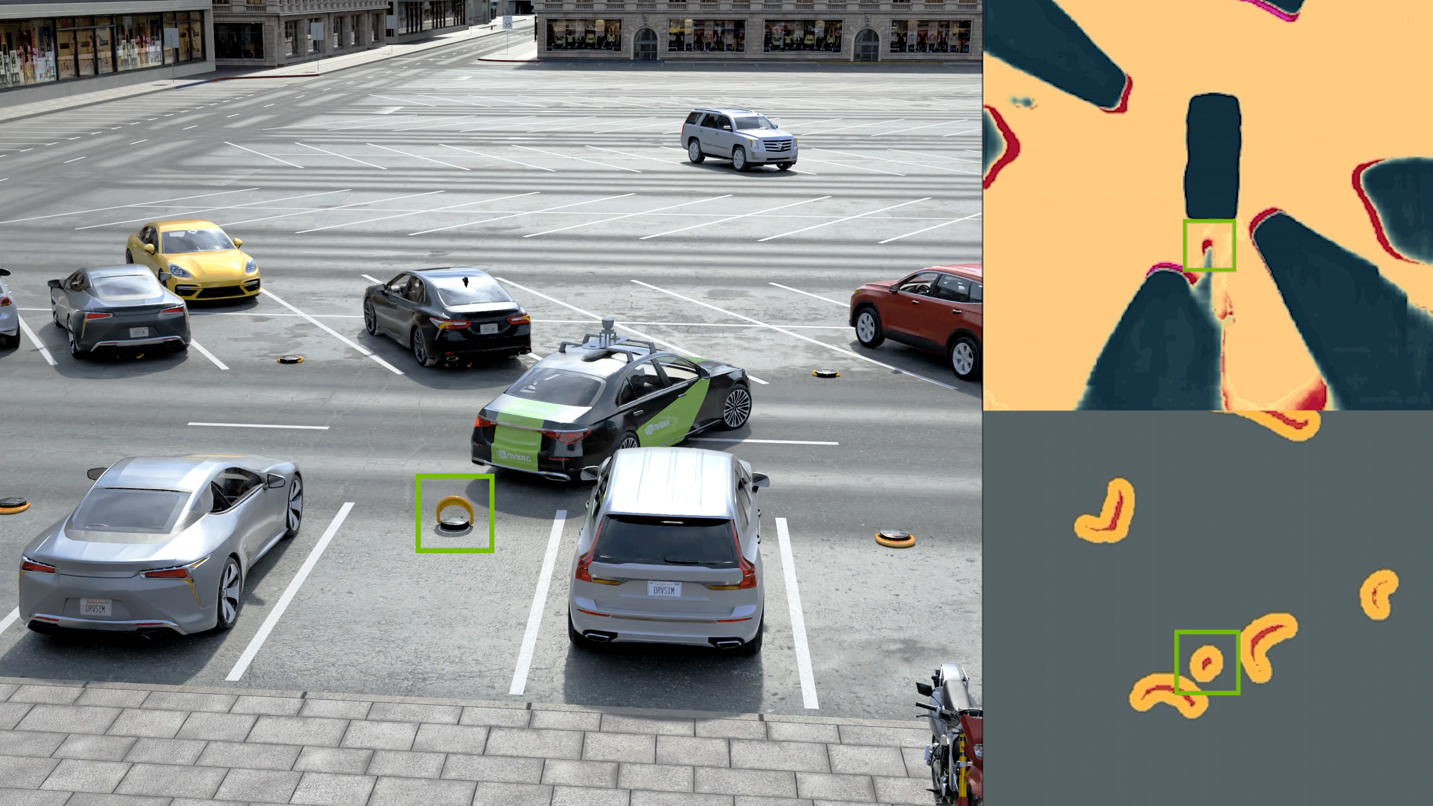 Image of a car backing into a parking spot using object perception.