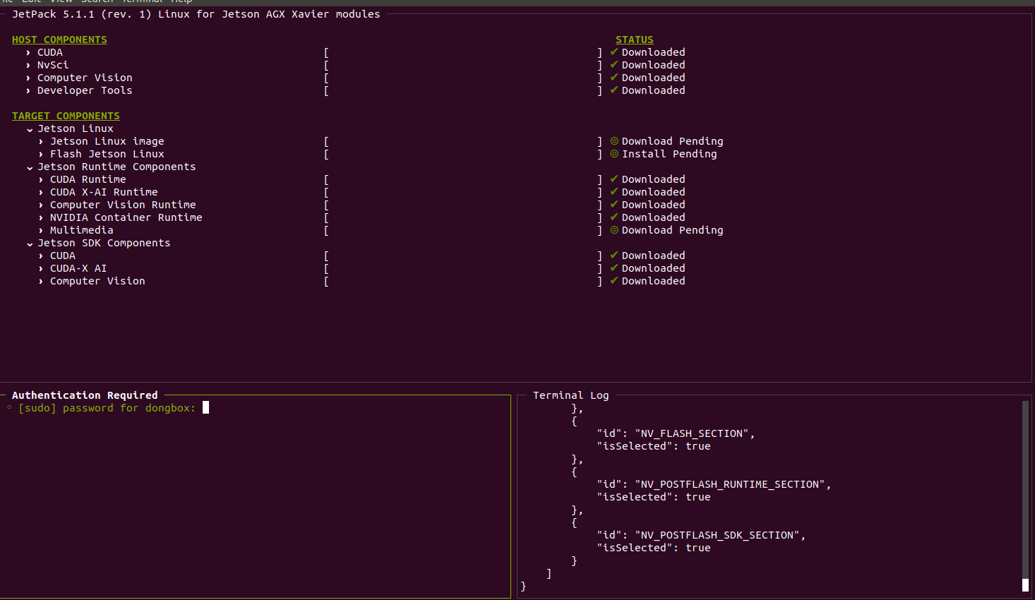 SDK Manager installation of JetPack SDK - list of components command-line interface view. 