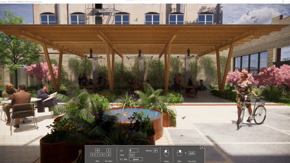 Image of an office renovation with an open courtyard, trees and plans, and people gathered in a collaboration space.