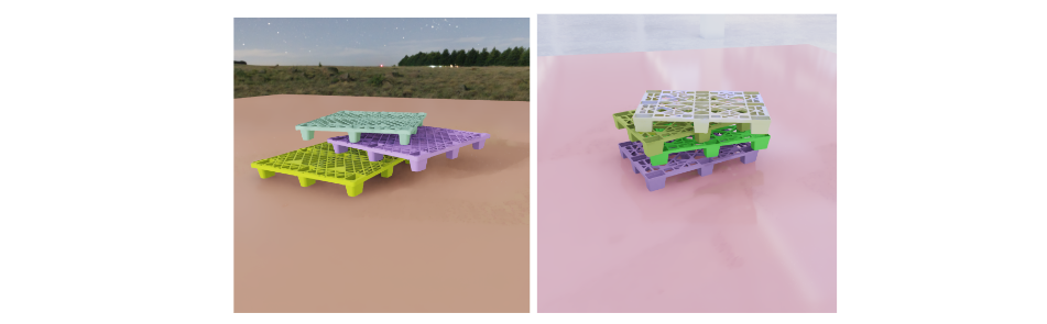 A rendering of scenes containing plastic pallets in many different colors. 
