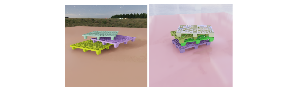 A rendering of scenes containing plastic pallets in many different colors.
