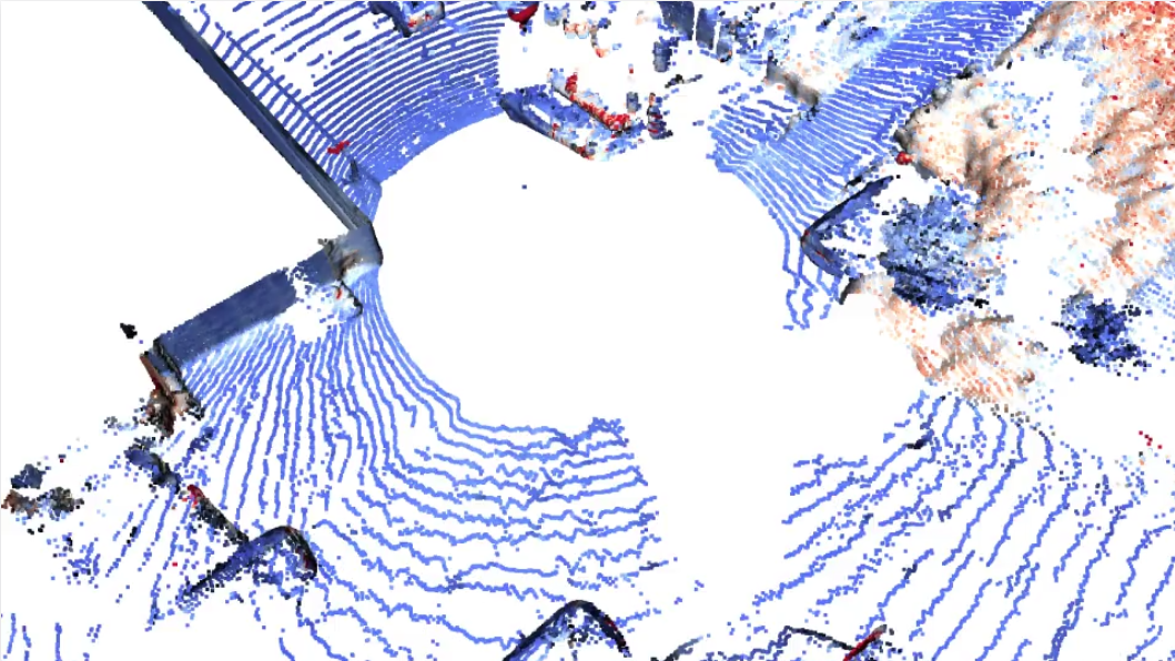 A still view of a lidar point cloud in a driving scene generated by neural lidar fields.