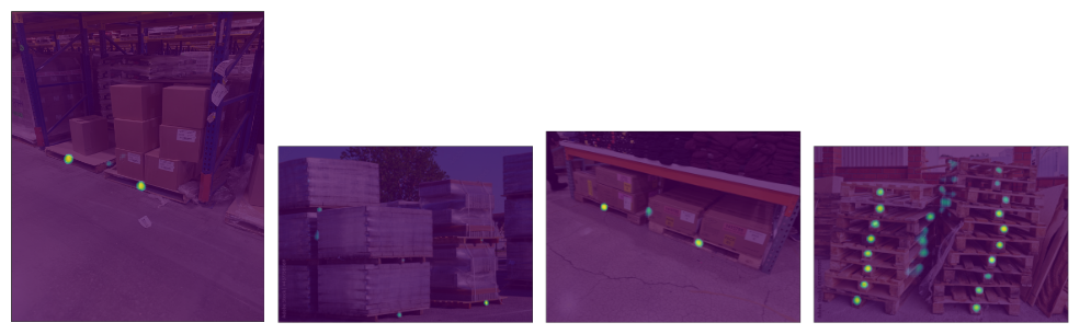 Multiple images showing the heat maps of the pallet side face detection model in multiple scenarios. ‌The scenarios include pallets side by side on the floor, pallets stacked neatly on top of each other, and pallets stacked with boxes.
