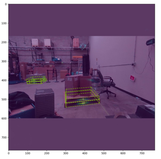 An image showing four pallets in a cluttered scene. The pallets are detected and their shape is approximately determined. This shows the ability of the regression model to handle the heat map model’s failure case.
