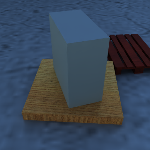 A rendering of two pallets with a box on top. ?The rendering is coarse, and the box is a uniform gray color.