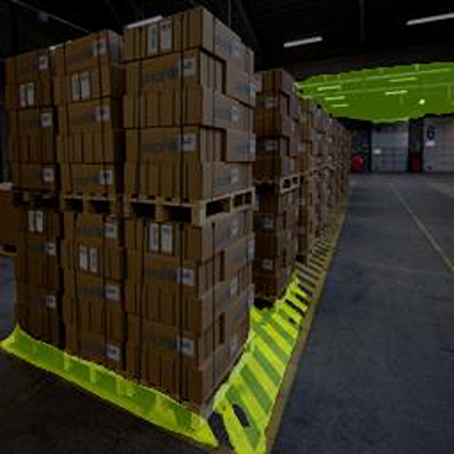 An image showing the semantic segmentation results on a warehouse scene with pallets and stacked boxes.  The segmentation model fails to detect pallets that aren't on the floor.
