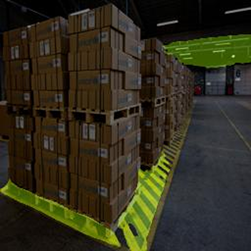 An image showing the semantic segmentation results on a warehouse scene with pallets and stacked boxes. The segmentation model fails to detect pallets that aren't on the floor.
