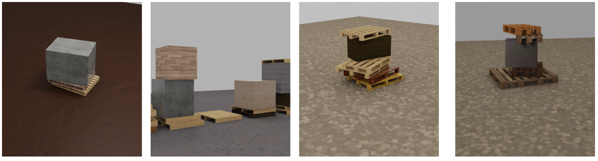 Images of stacked pallets rendered using Omniverse Replicator.  The pallets vary in type, color and orientation.
