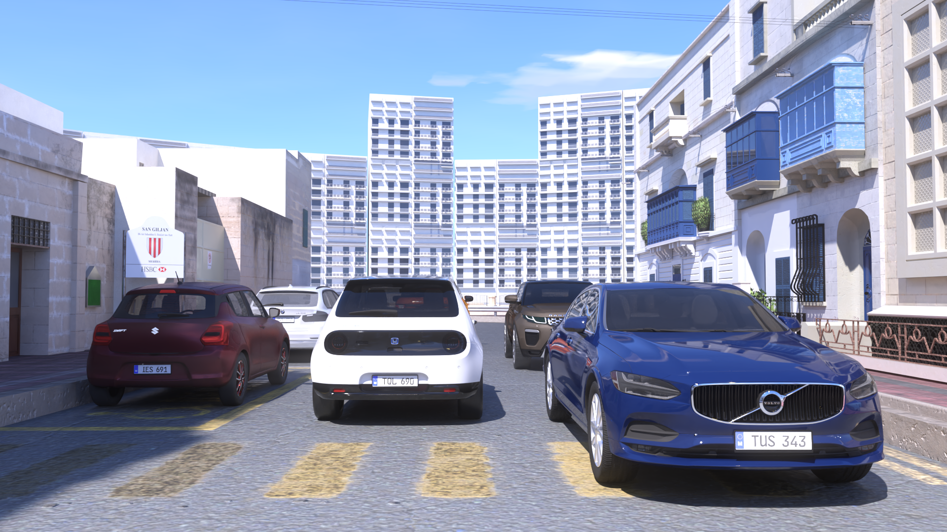 A 3D scene in NVIDIA Omniverse featuring synthetically generated vehicles for training license plate detection models.

