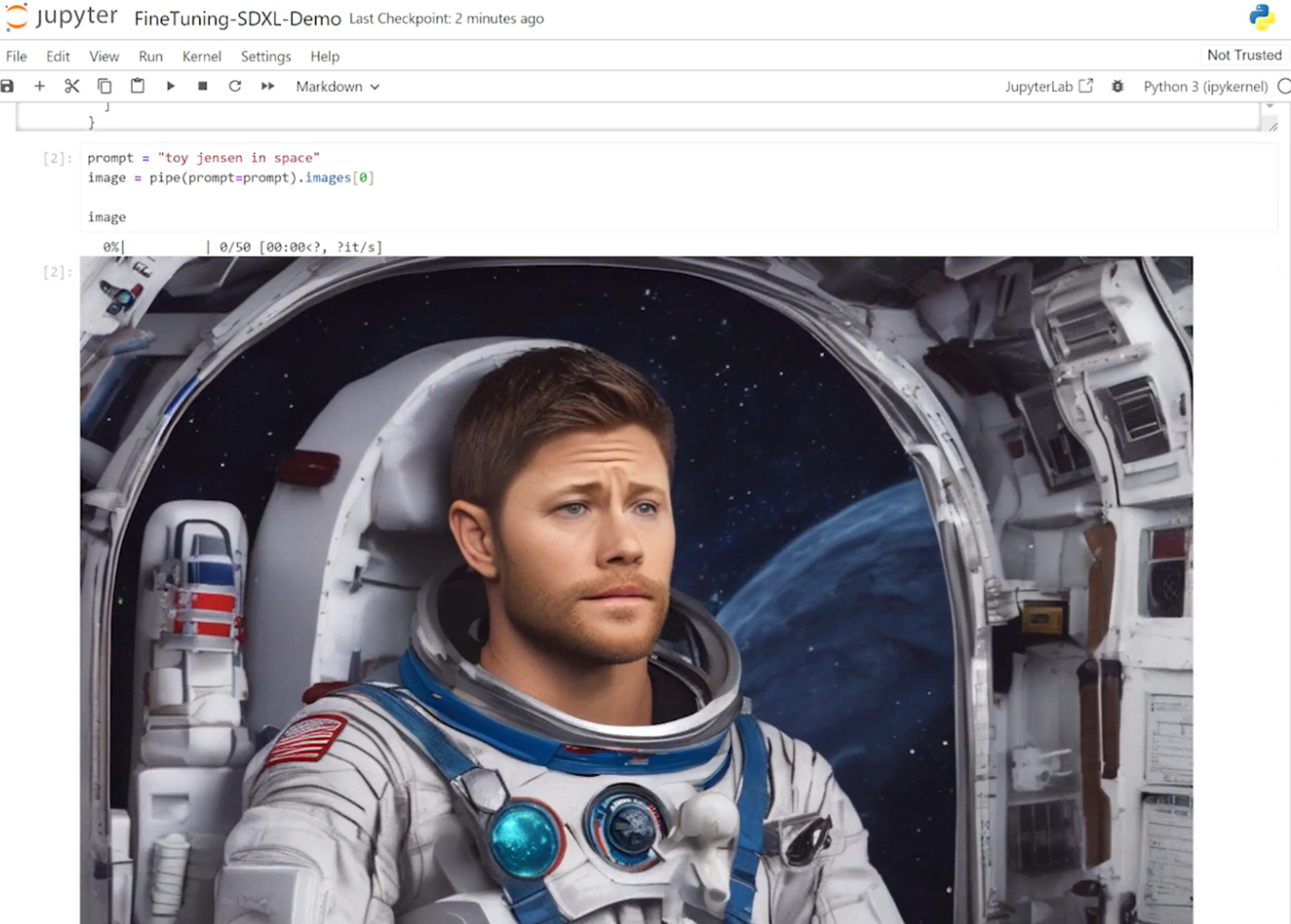 This screenshot shows a typical image result for the prompt “Toy Jensen in space” in a Jupyter notebook that was generated with the StableDiffusion XL model that hasn’t been fine-tuned with Toy Jensen specific images. There is a high-detail image of an astronaut in a space suit, but it doesn’t look like Toy Jensen at all. 