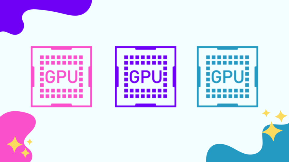 An illustration with 3 different colored squares labeled GPUs in a row.