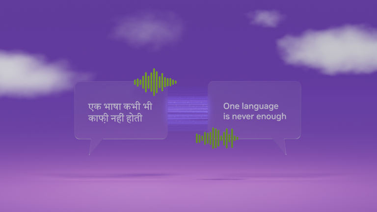 Image of two boxes with text, in two languages, with speech icons joining them to a central box symbolizing translation. The English language box displays, 