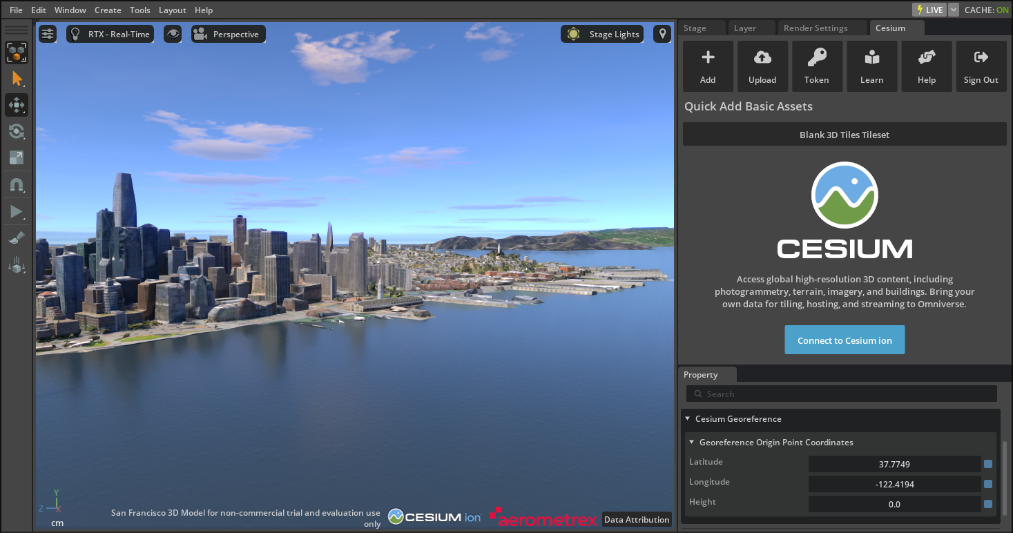 Screencapture of the user interface of the Cesium ion extension in Omniverse
