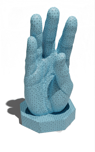 GIF shows a rotating, digital reconstruction of a hand statue made with Flexicubes.