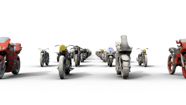 GIF of a scene passing through several digitally generated motorcycles that provide meshes through FlexiCubes.