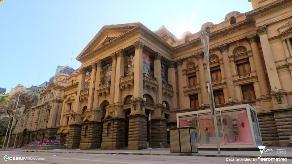 A street-level view of the Melbourne town hall rendered with over 500,000 individual meshes. Image courtesy of Aerometrex.
