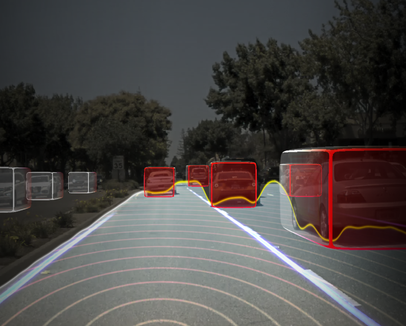 Photo of a road with cars in bounding boxes.