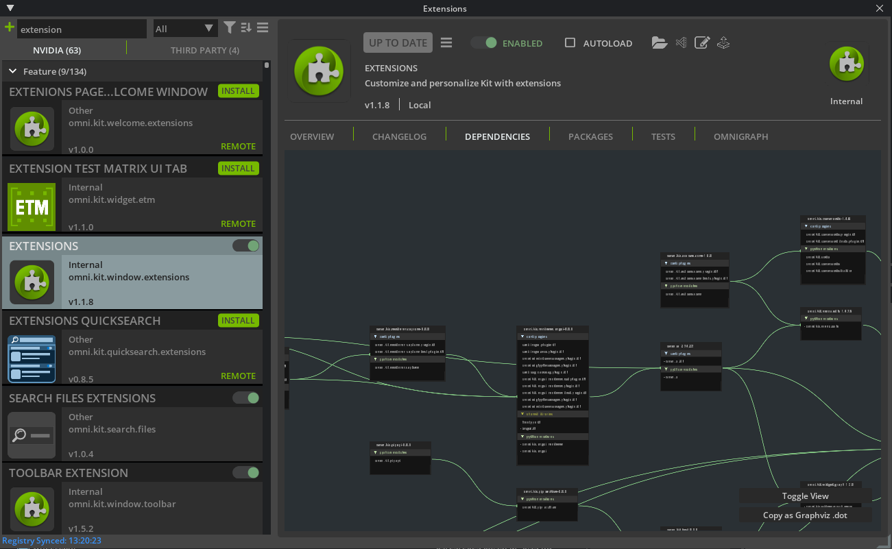 The user interface for the Omniverse Kit Extension Registry.
