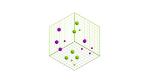 Image of a gridded cube with purple and green dots.