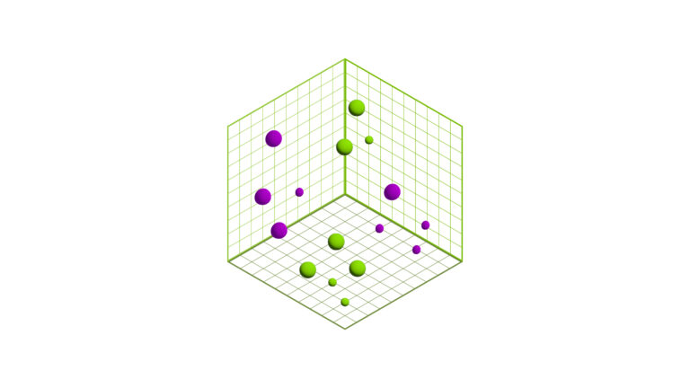 Image of a gridded cube with purple and green dots.