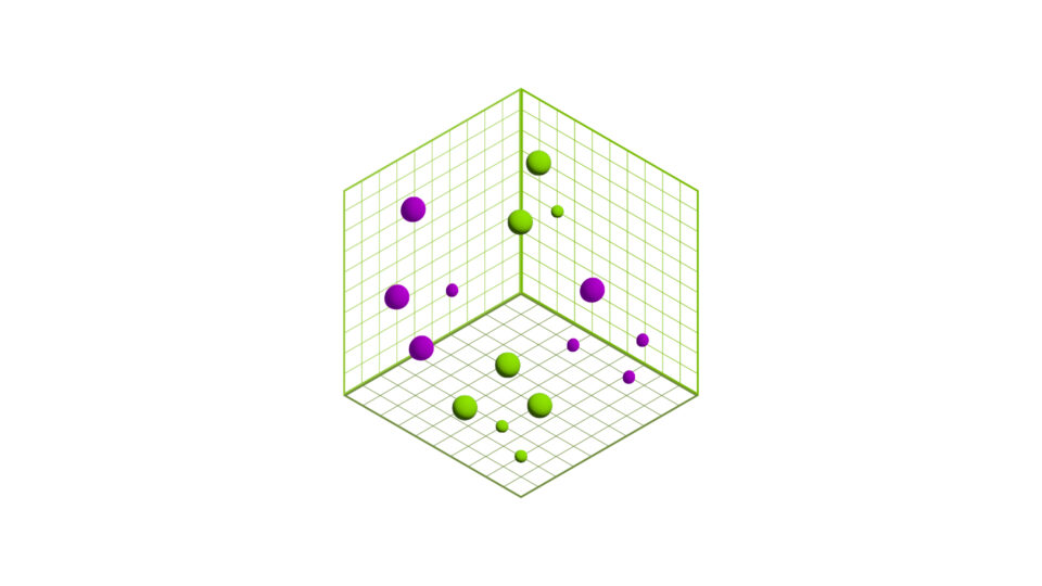 带有紫色和绿色圆点的网格立方体的图像。