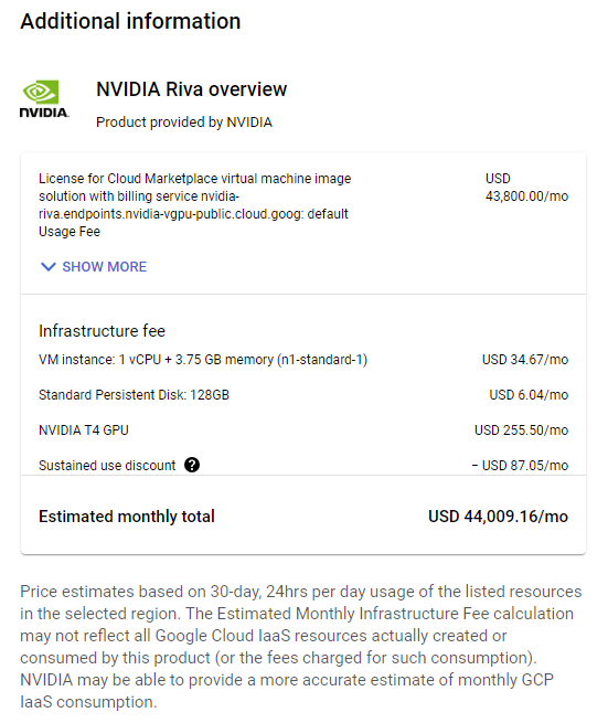 Screenshot shows a description of the Riva VMI used in this post and the estimated monthly costs of running it, about $44K, with $43.8K in license fees through GCP.
