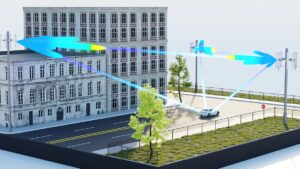 Decorative image of a telco network as beams of light on a city street.