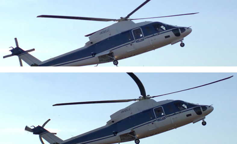 Two images of a helicopter showing distortion of moving blades caused by rolling shutter.
