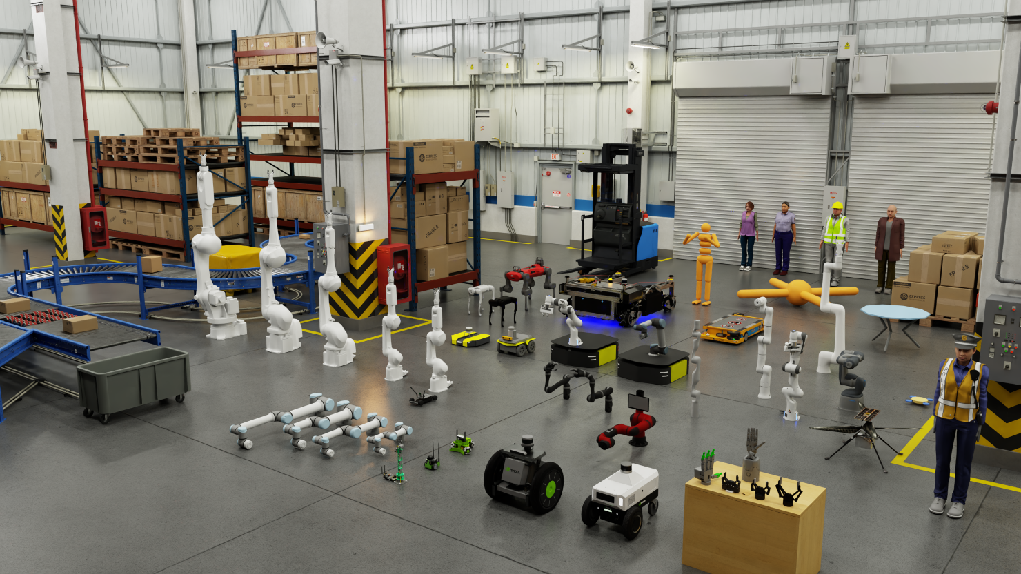 A warehouse with a medley of robotics pieces.