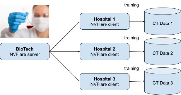 The diagram shows how the NVFlare server connects to clients at multiple hospitals to access CT data.
