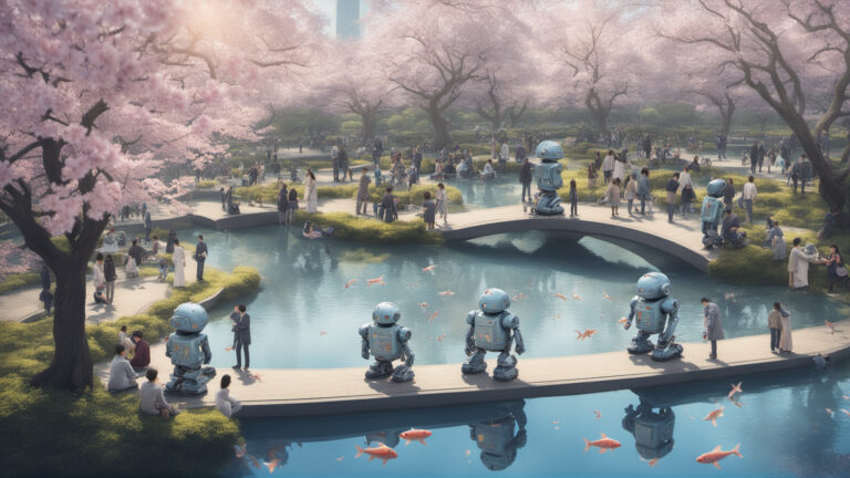 Image of robots sitting by a pond, with cherry trees in bloom.