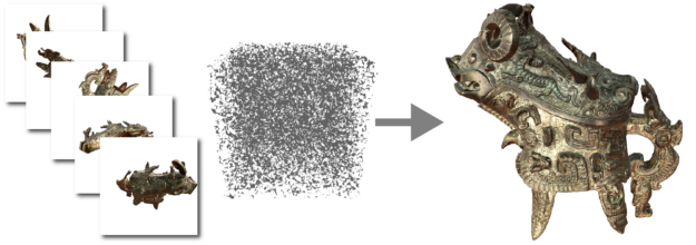 Figure shows that the pipeline takes as input 2D images of an ancient artifact, and a randomly initialized soup of triangles, and outputs a triangle mesh whose shape and material matches the input images.