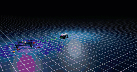 A gif showing a robot’s movement in a scene guided by a conditional trigger towards fallen objects.
