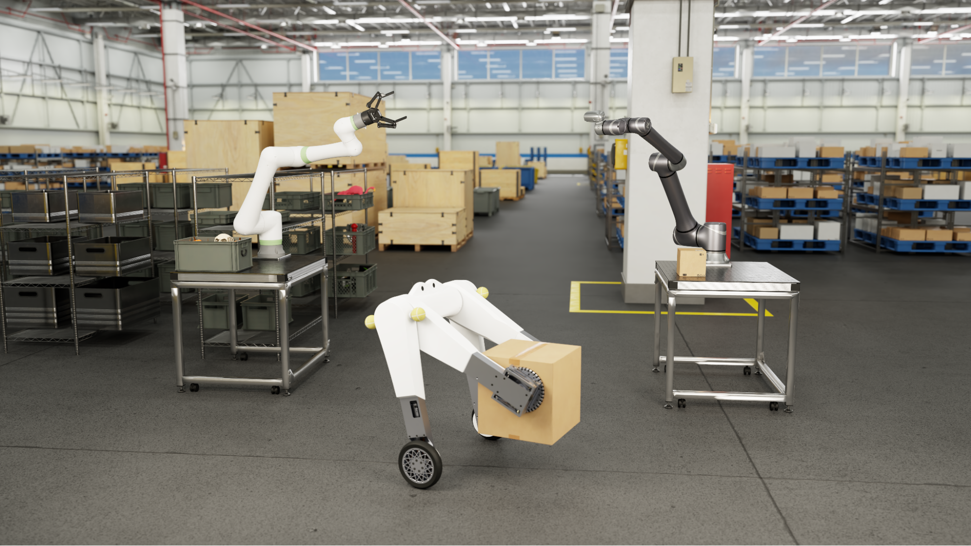 Image of three robot arms in an industrial warehouse setting.
