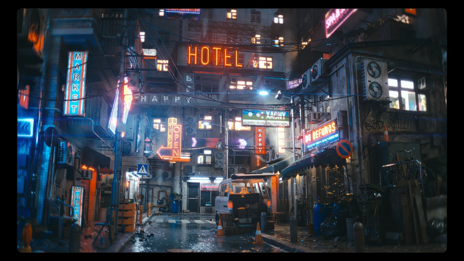 Rainy alleyway at night with neon signs