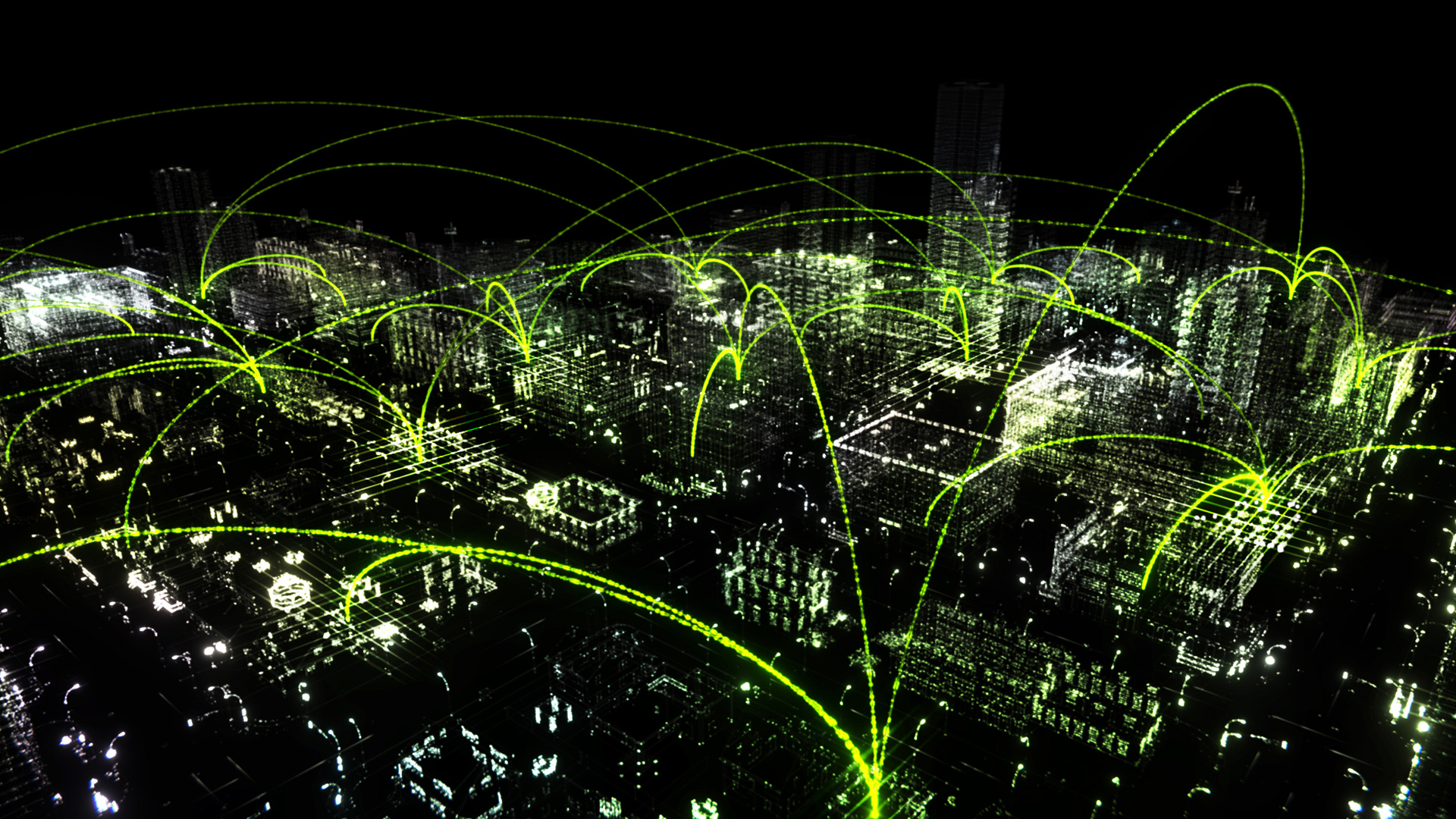 Decorate image of a city with light trails suggesting a network.