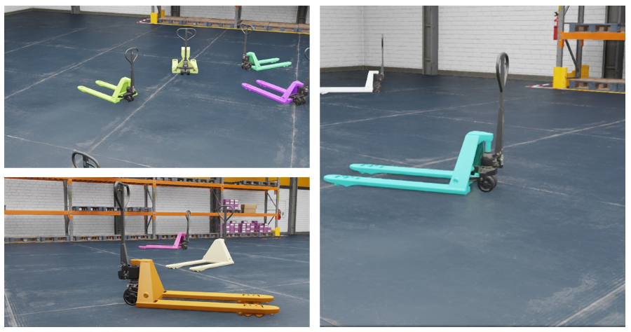 Composite of three synthetic images showing pallet jacks of different colors and a randomized camera position.