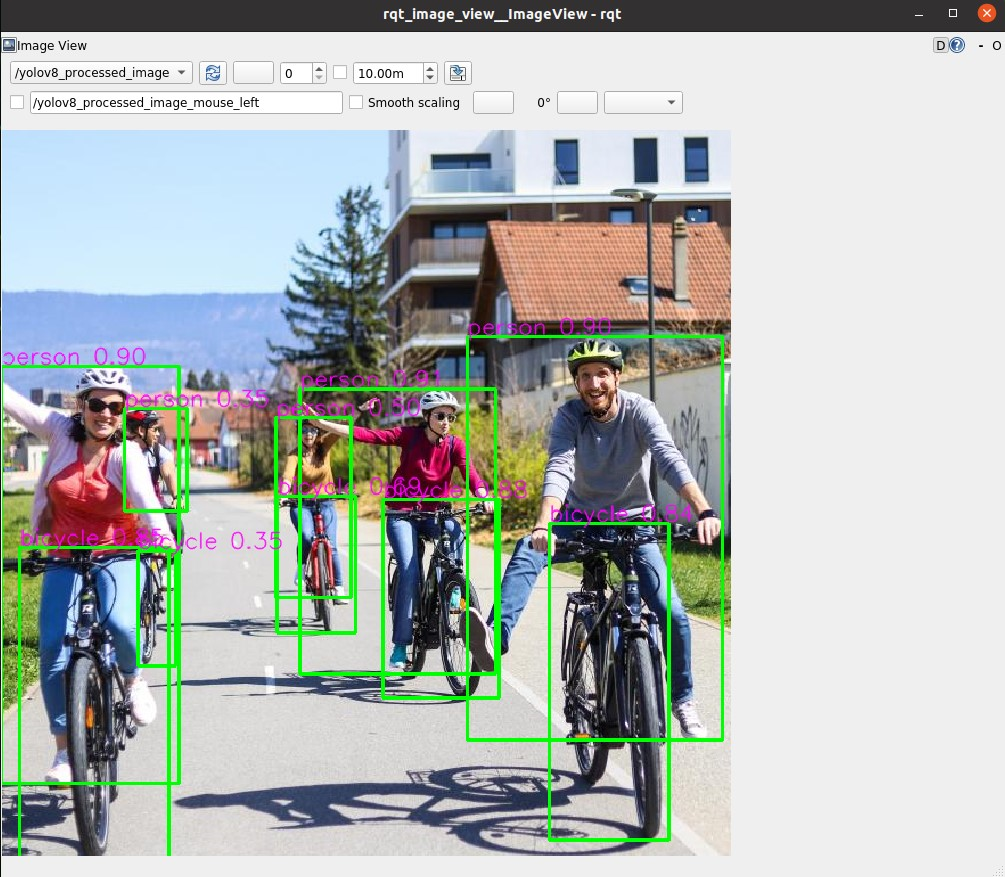 An image of a group of people on bicycles with bounding boxes drawn around detected objects in the image. These are the results of object detection using YOLOv8 and Isaac ROS DNN Inference.