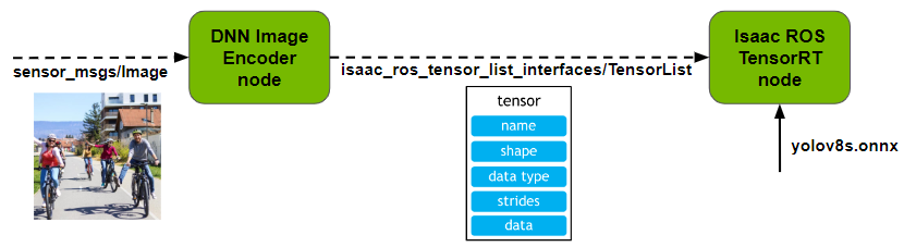 Diagram showing an overview of the Isaac ROS DNN Image Encoder node. The node takes in a ROS 2 image message as input, encodes it into a list of tensors and outputs an Isaac ROS TensorList message. This message is passed onto the Isaac ROS inference node.   